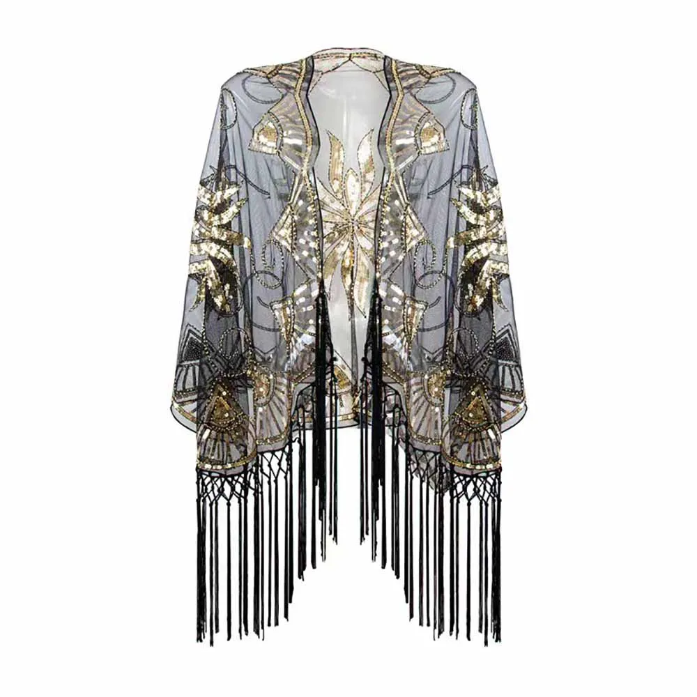 1920s Sequin Beaded Shawl Wraps Fringed Evening Cape Scarf for Wedding