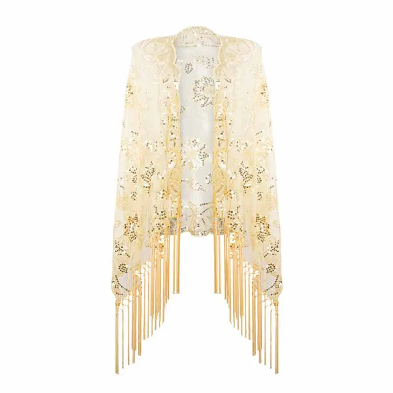 1920s Sequin Beaded Shawl Wraps Fringed Evening Cape Scarf for Wedding