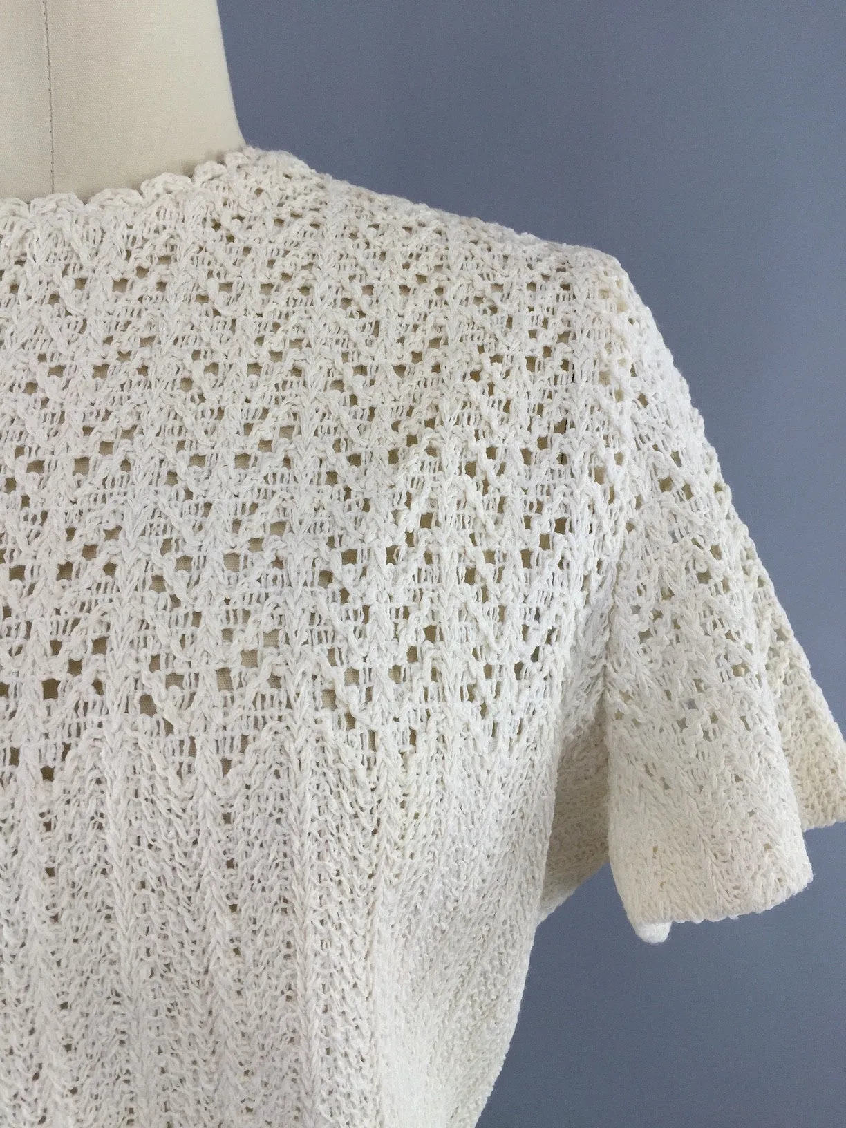 1960s Vintage Dalton Crocheted White Sweater Dress