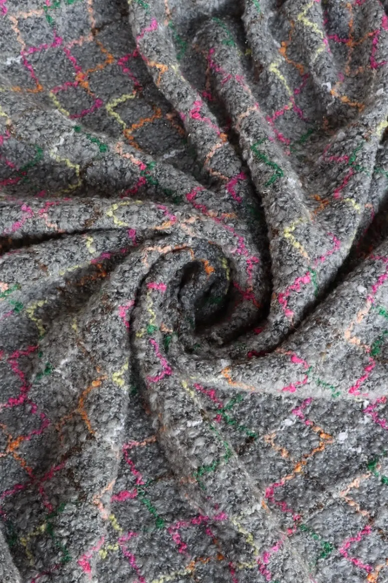 2YD 16IN REMNANT; Multicolor Argyle on Gray Wool Boucle Sweater Knit