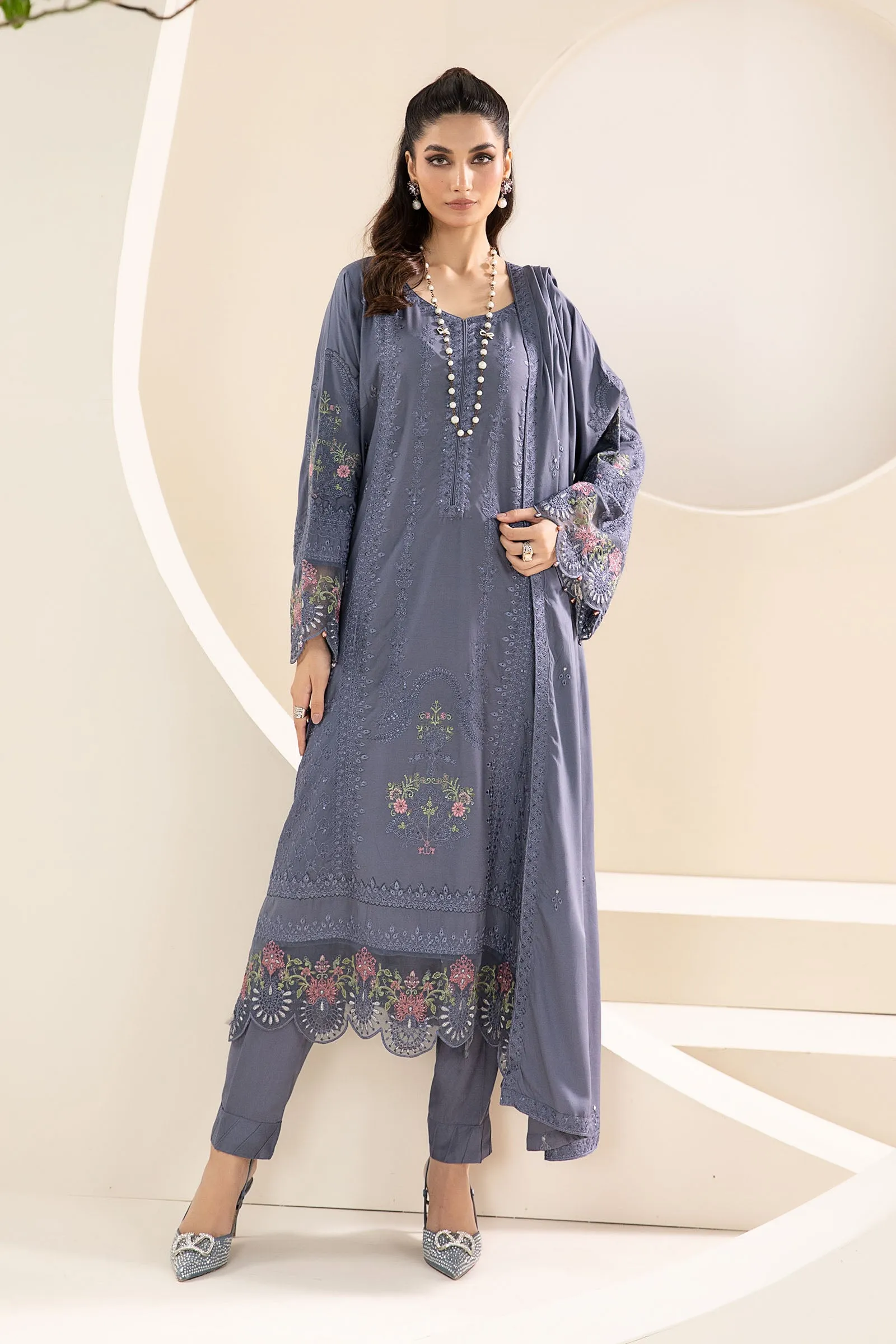 3 Piece Embroidered Linen Suit | DW-W24-65