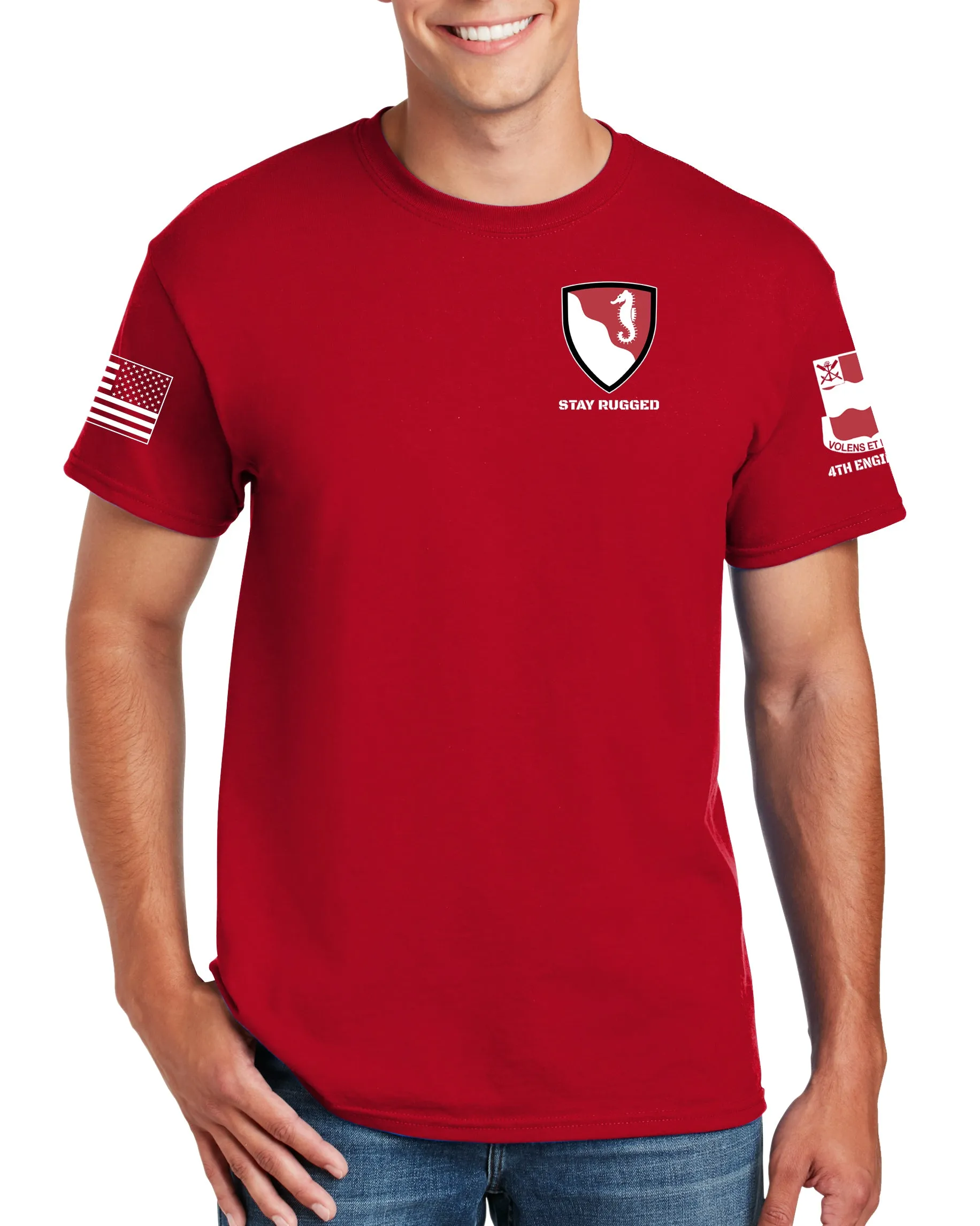 50-50 Blend Red Unisex PT Short Sleeve Shirt. Approved for PT