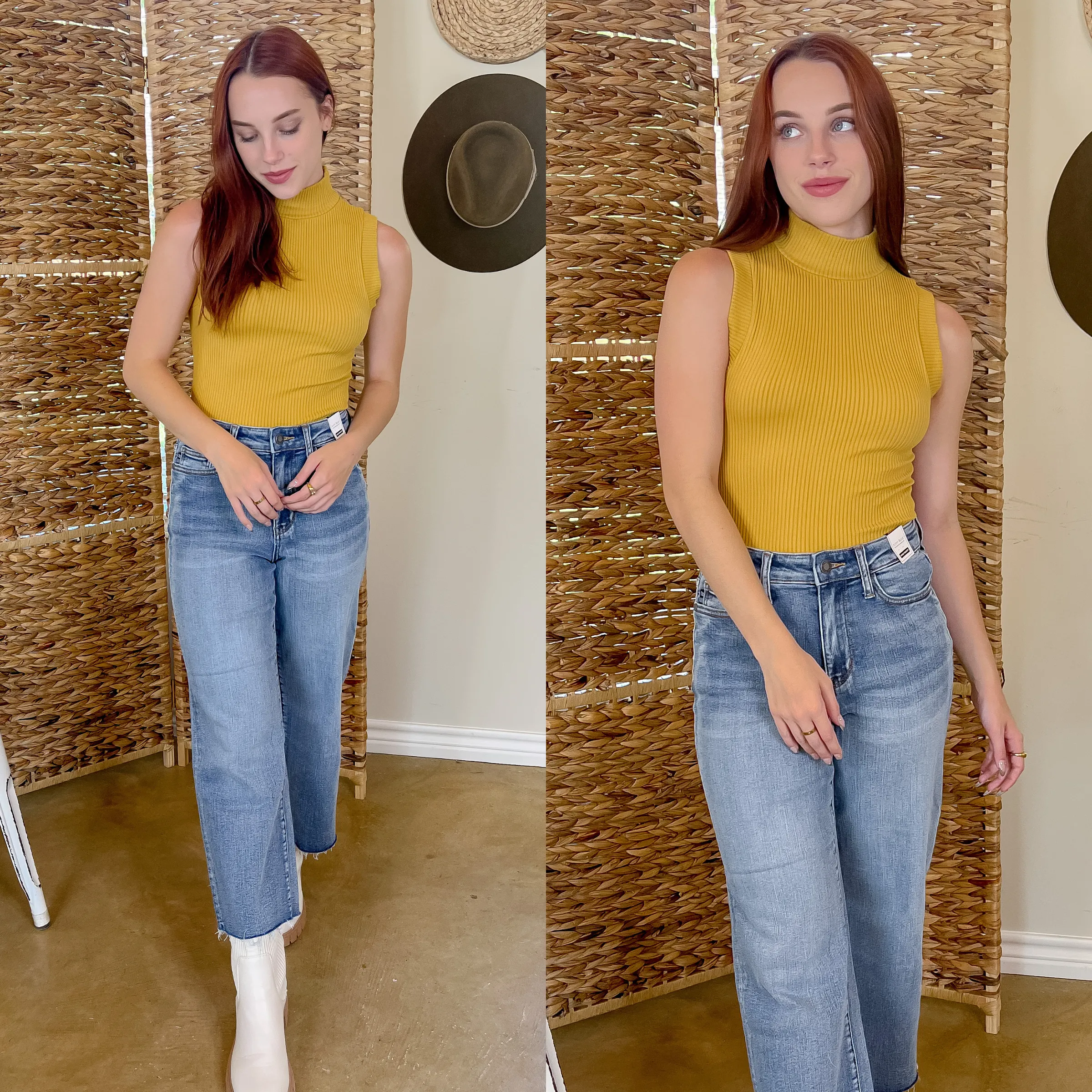 After Glow High Neck Ribbed Sweater Tank Top in Mustard Yellow