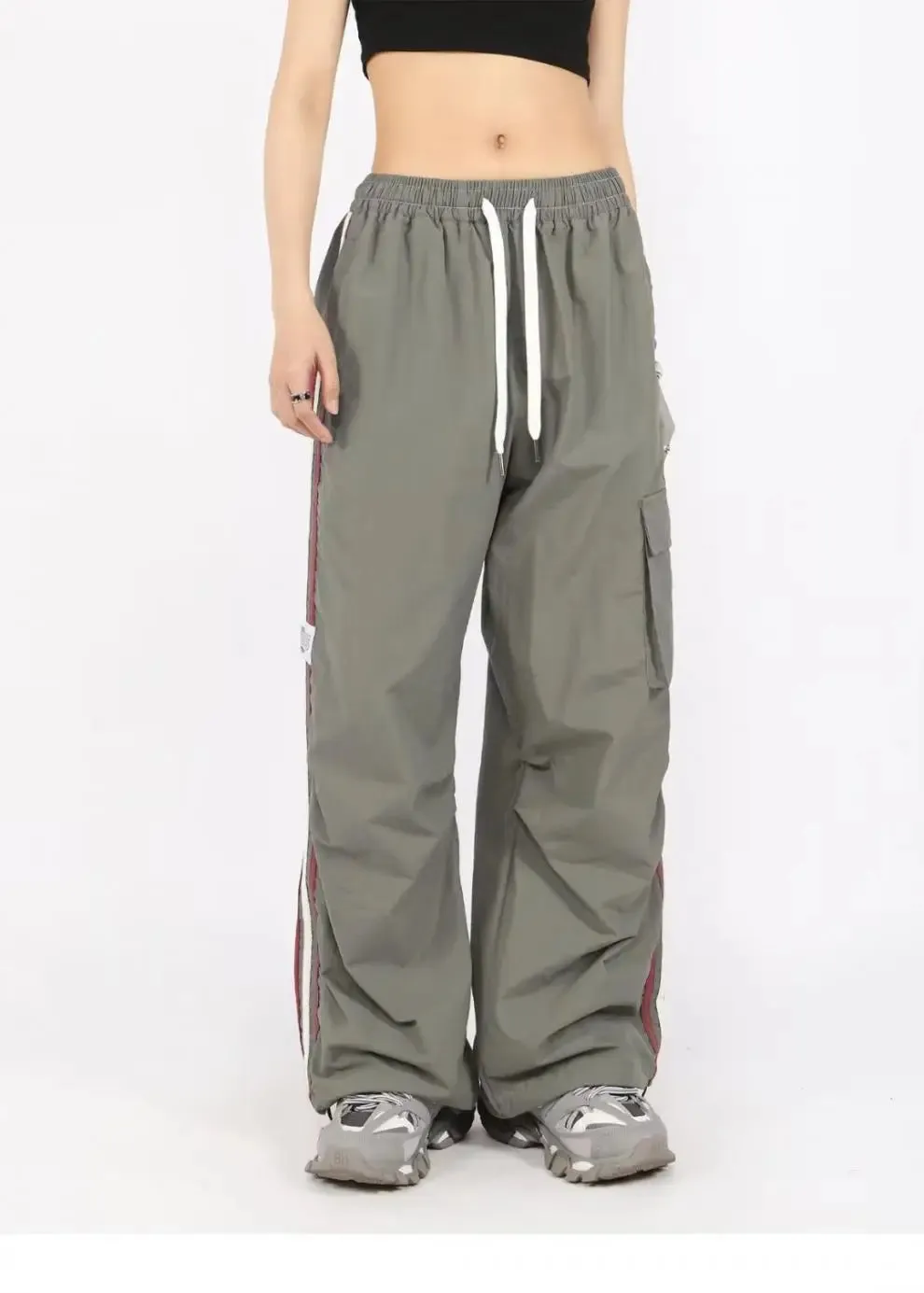 Aiertu Drawstring Waist Striped Side Pocket Pants