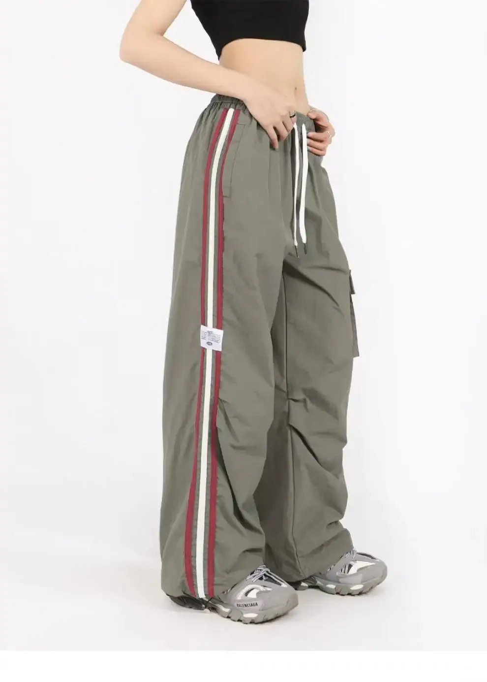 Aiertu Drawstring Waist Striped Side Pocket Pants