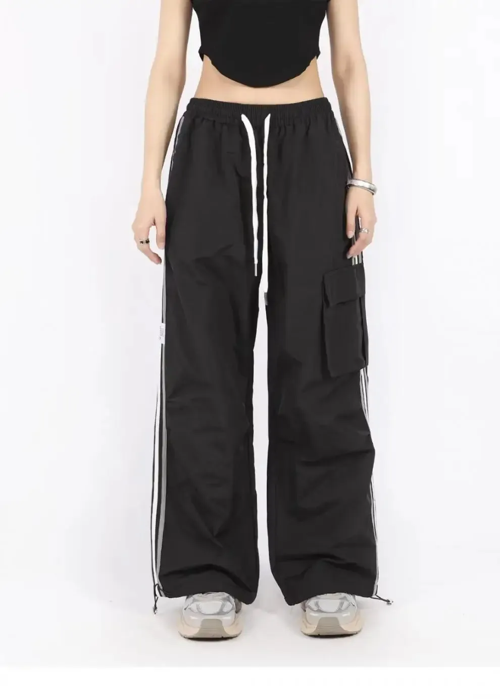 Aiertu Drawstring Waist Striped Side Pocket Pants