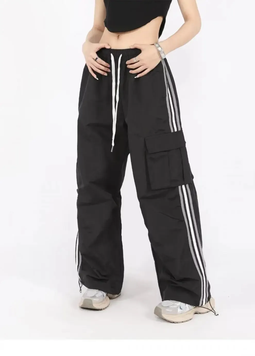 Aiertu Drawstring Waist Striped Side Pocket Pants