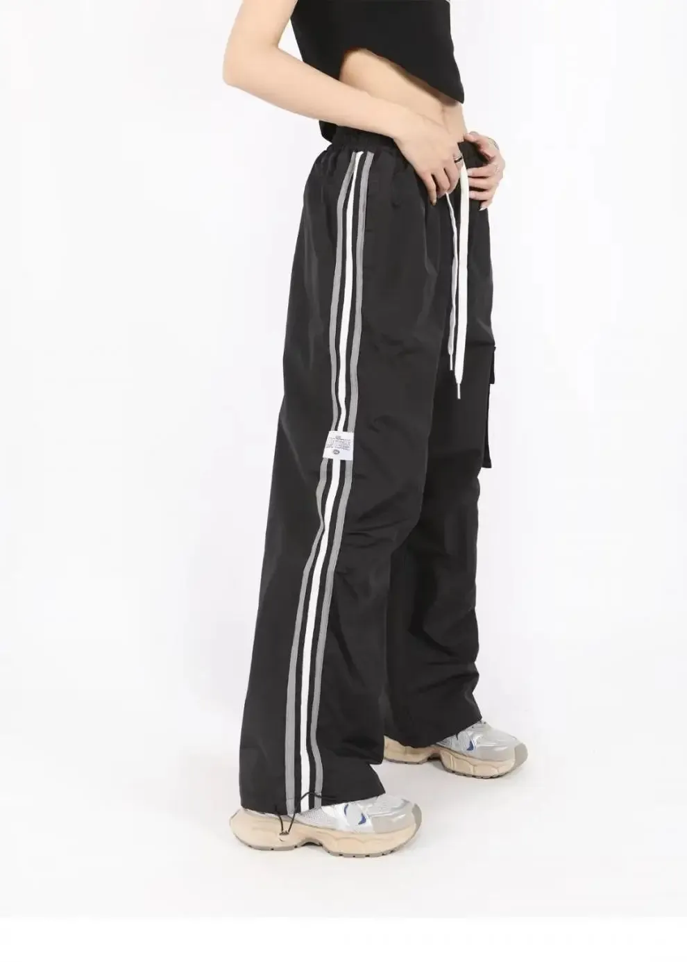 Aiertu Drawstring Waist Striped Side Pocket Pants