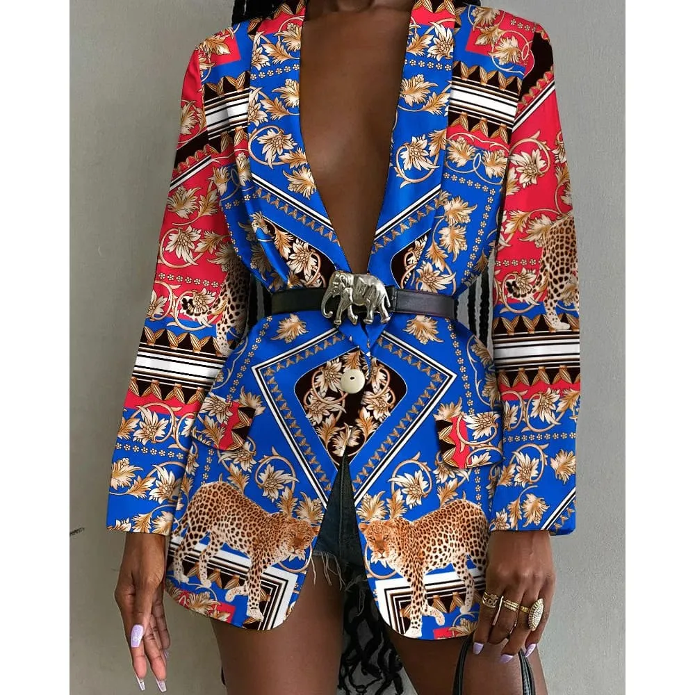 All Over Print Flap Pocket Shawl Collar Blazer