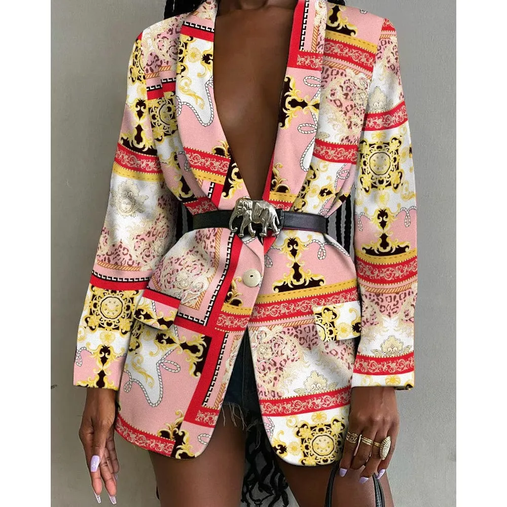 All Over Print Flap Pocket Shawl Collar Blazer