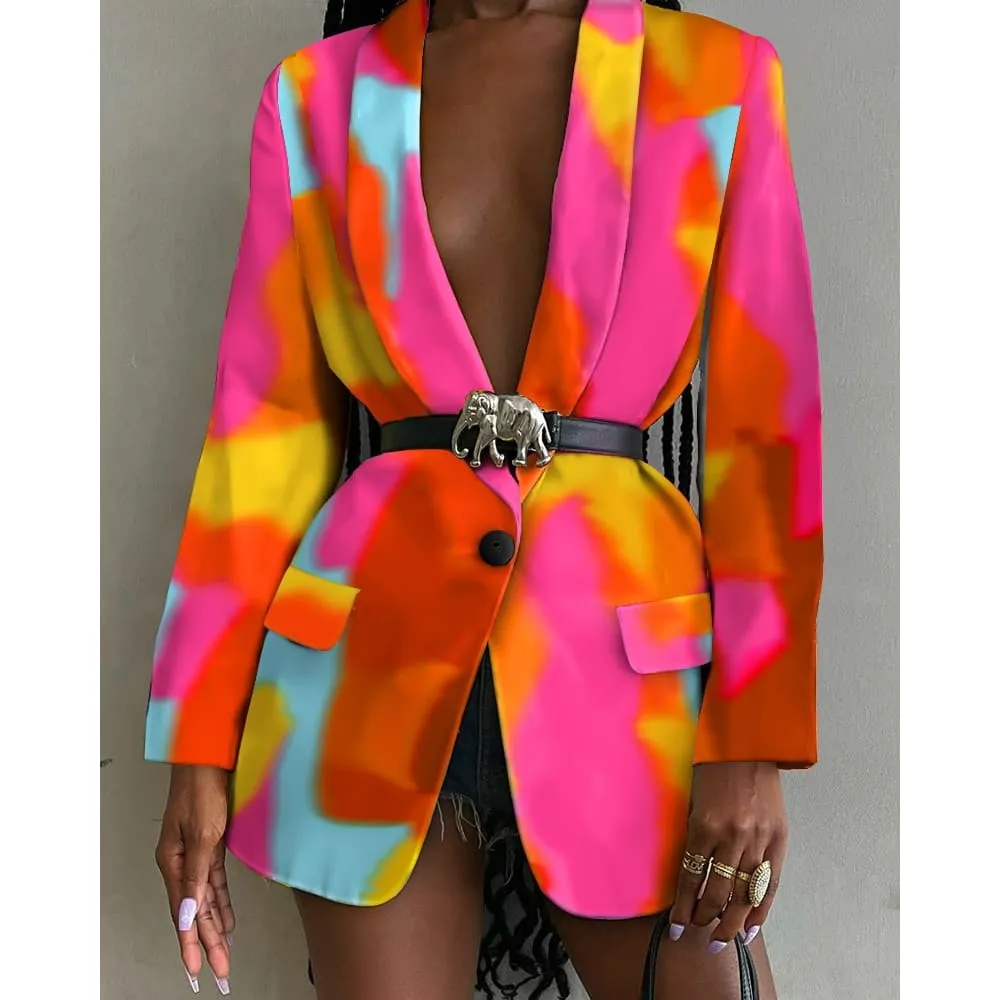 All Over Print Flap Pocket Shawl Collar Blazer