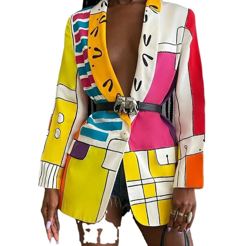 All Over Print Flap Pocket Shawl Collar Blazer