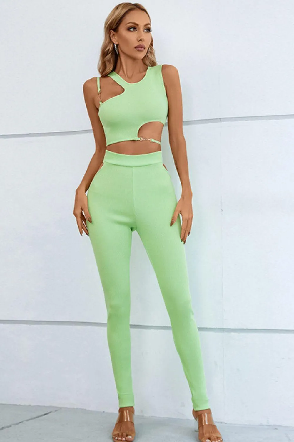 Asymmetrical Ribbed Cutout Tank and Pants Set