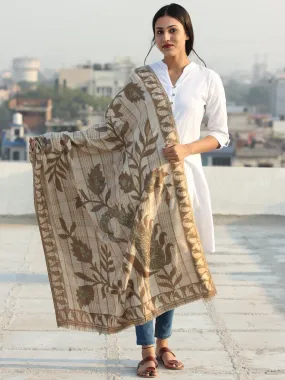 Beige Mud Brown Aari Embroidered Pure Wool Self Check Kashmiri Shawl - S200510