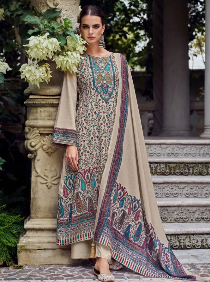 Beige Unstitched Pure Pashmina Woven Winter Suit Dress Material for Women