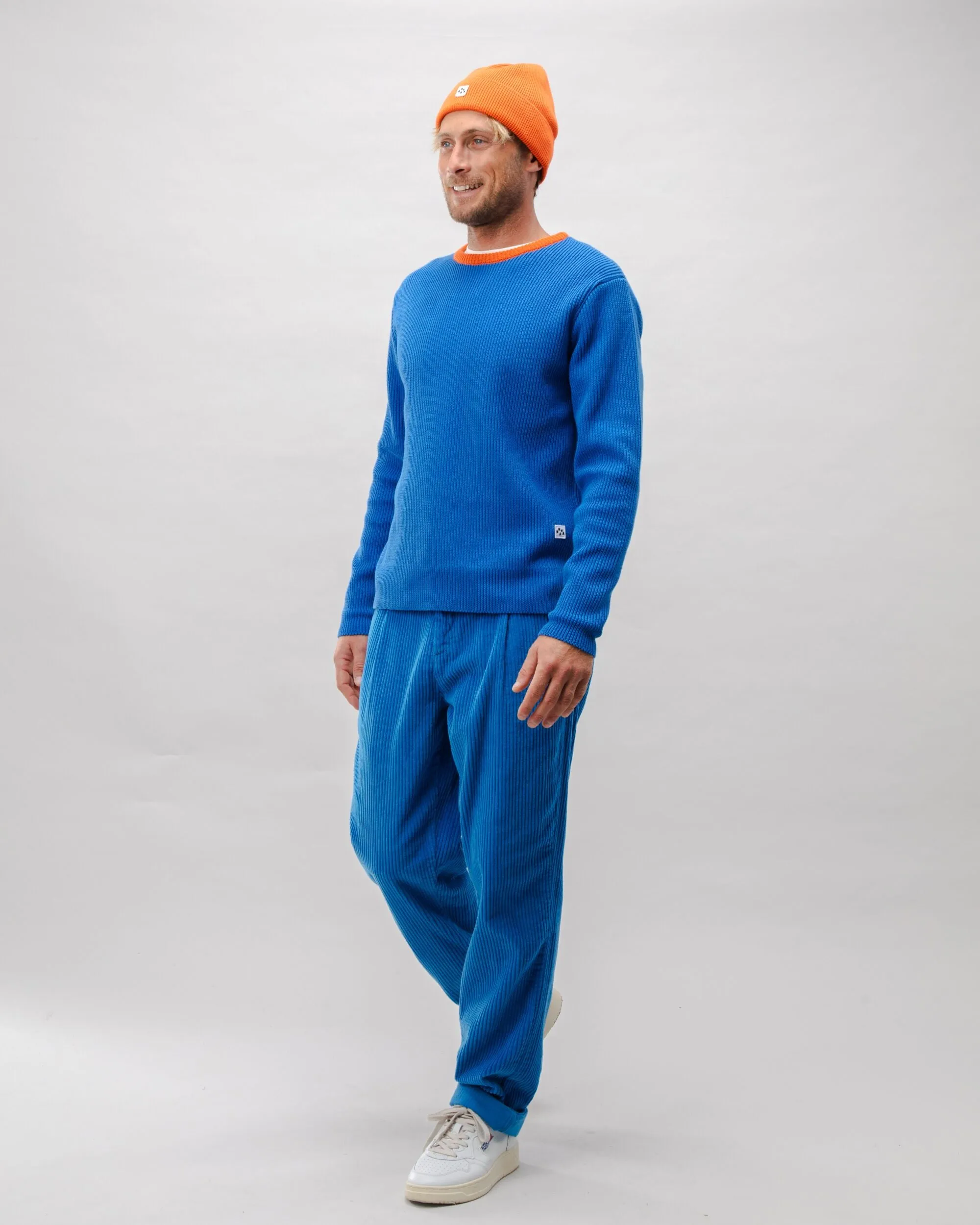 Bicolor Neck Cotton Sweater Blue