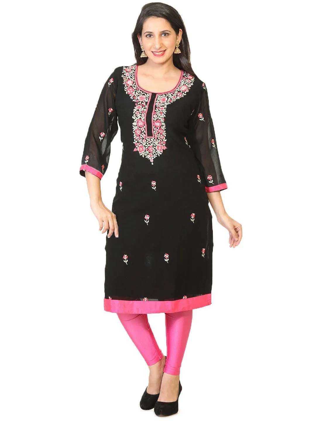 Black Embroidered Georgette Party Wear Tunic / Kurti