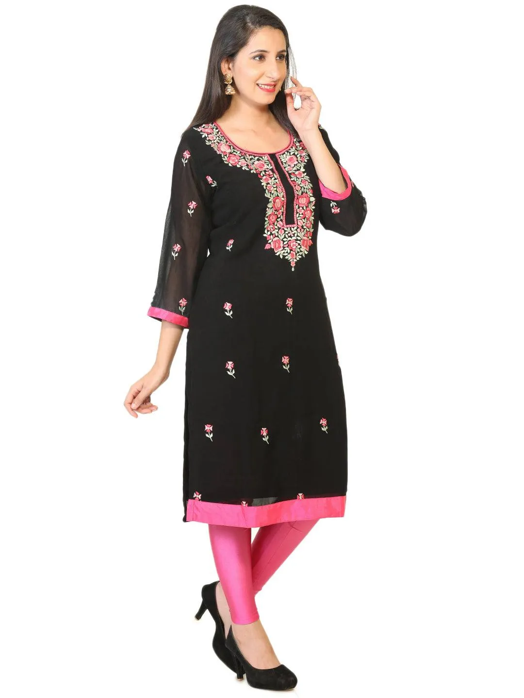 Black Embroidered Georgette Party Wear Tunic / Kurti