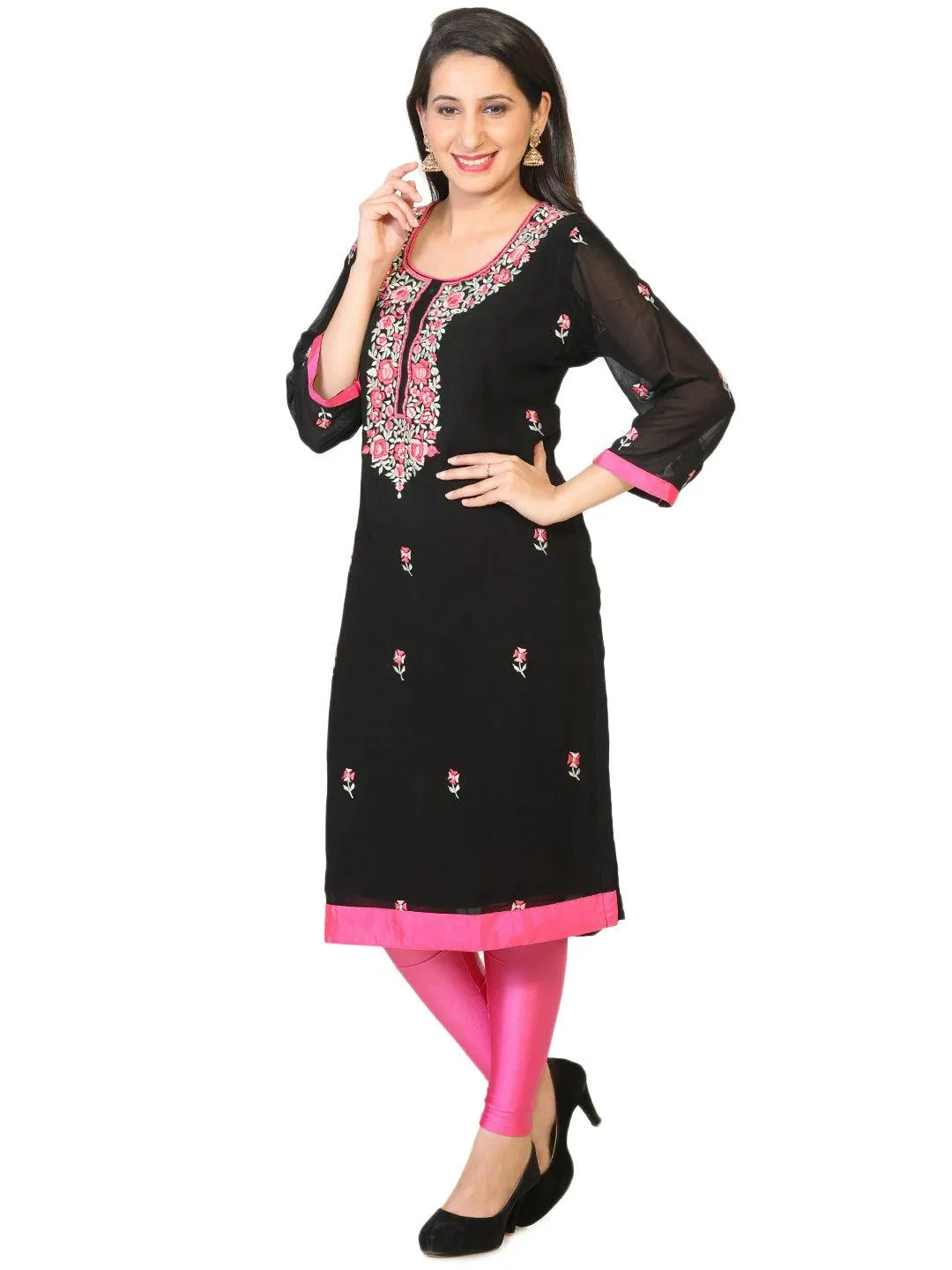 Black Embroidered Georgette Party Wear Tunic / Kurti