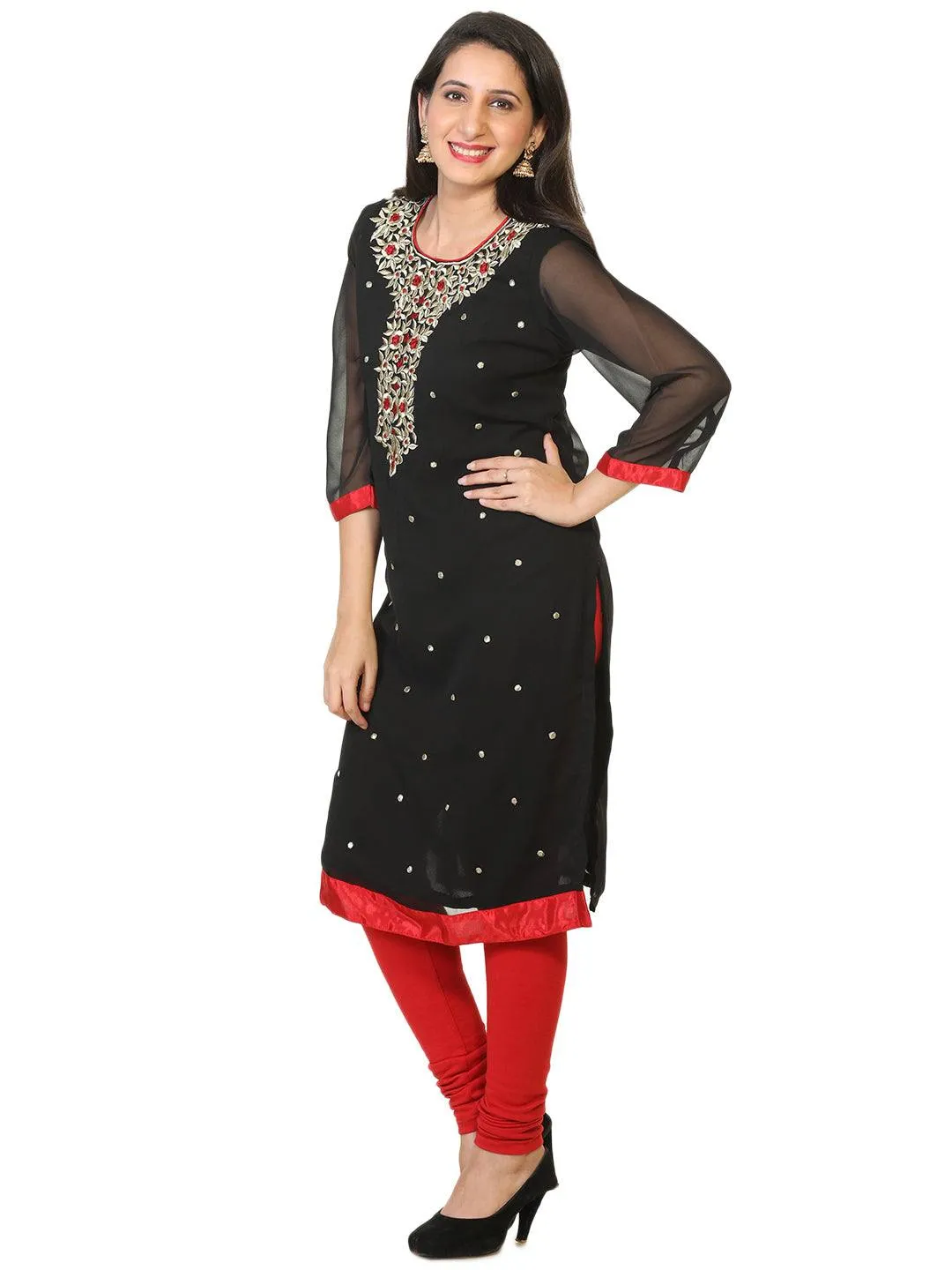 Black Party Wear Embroidered Georgette Tunic / Kurti