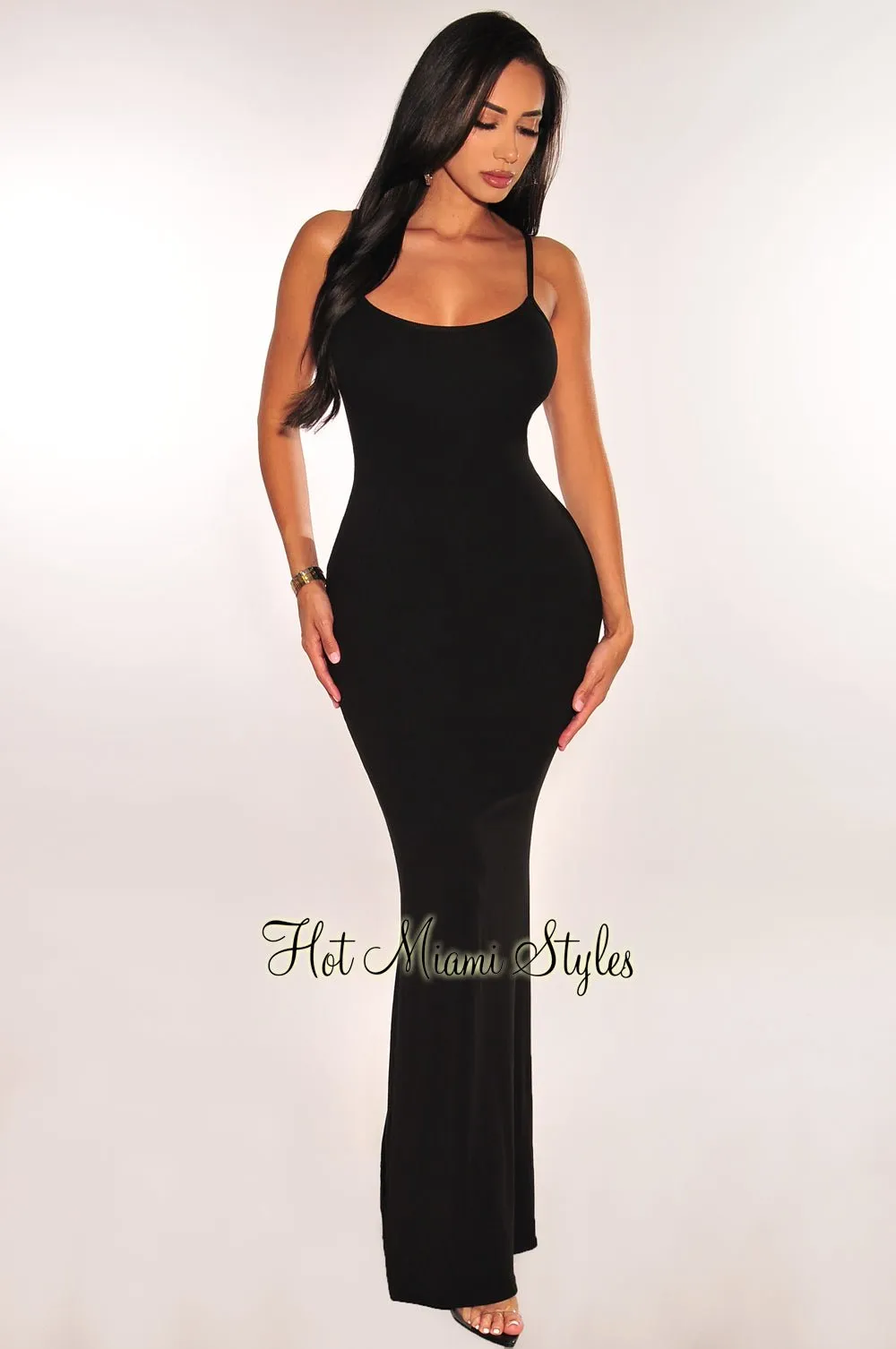 Black Ribbed Spaghetti Strap Mermaid Dress