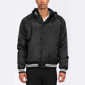 Black Satin Hooded Varsity Jacket