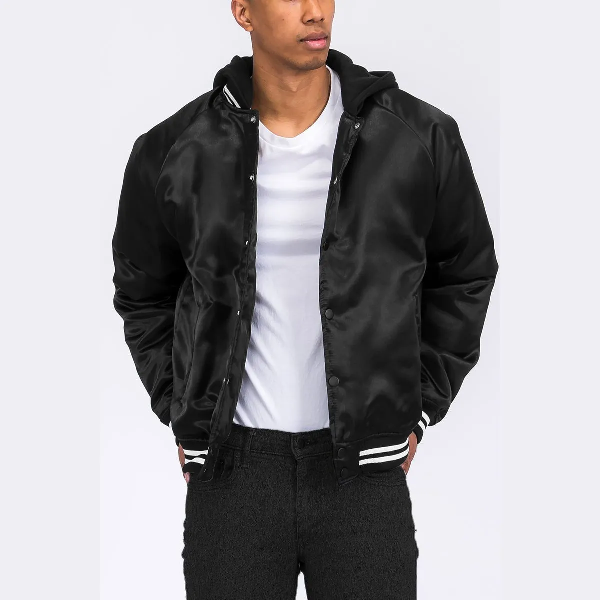 Black Satin Hooded Varsity Jacket