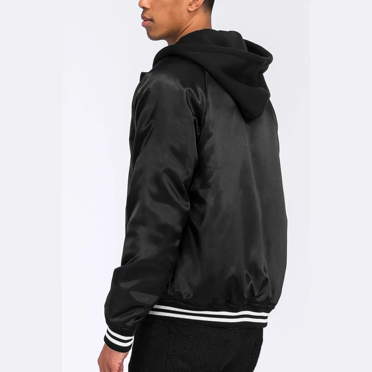 Black Satin Hooded Varsity Jacket