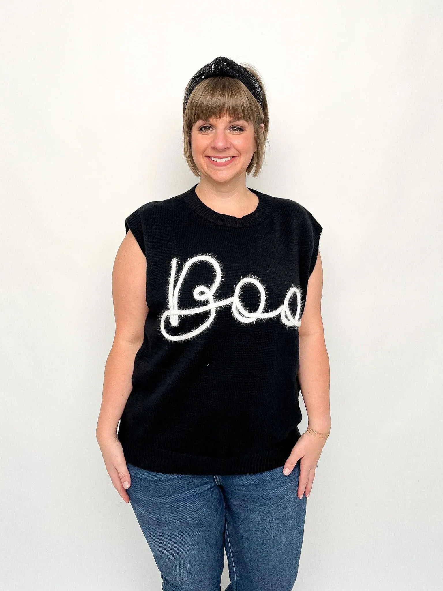 Black Sleeveless BOO Sweater