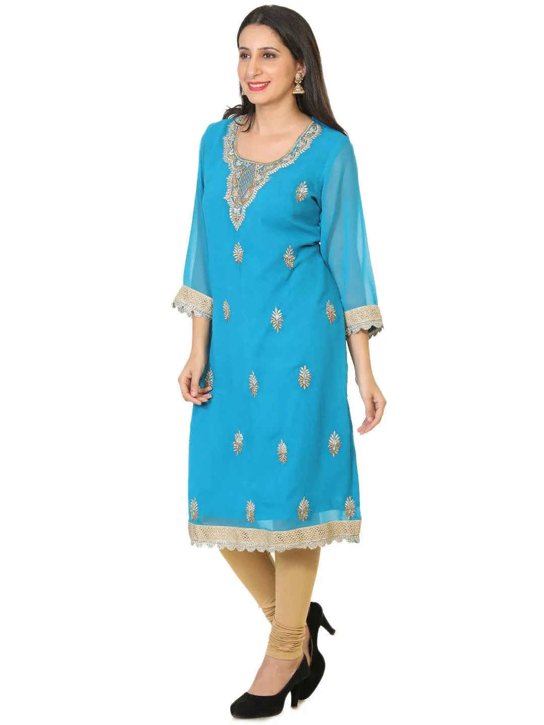 Blue Colored Georgette Tunic / Kurti with Zari Work