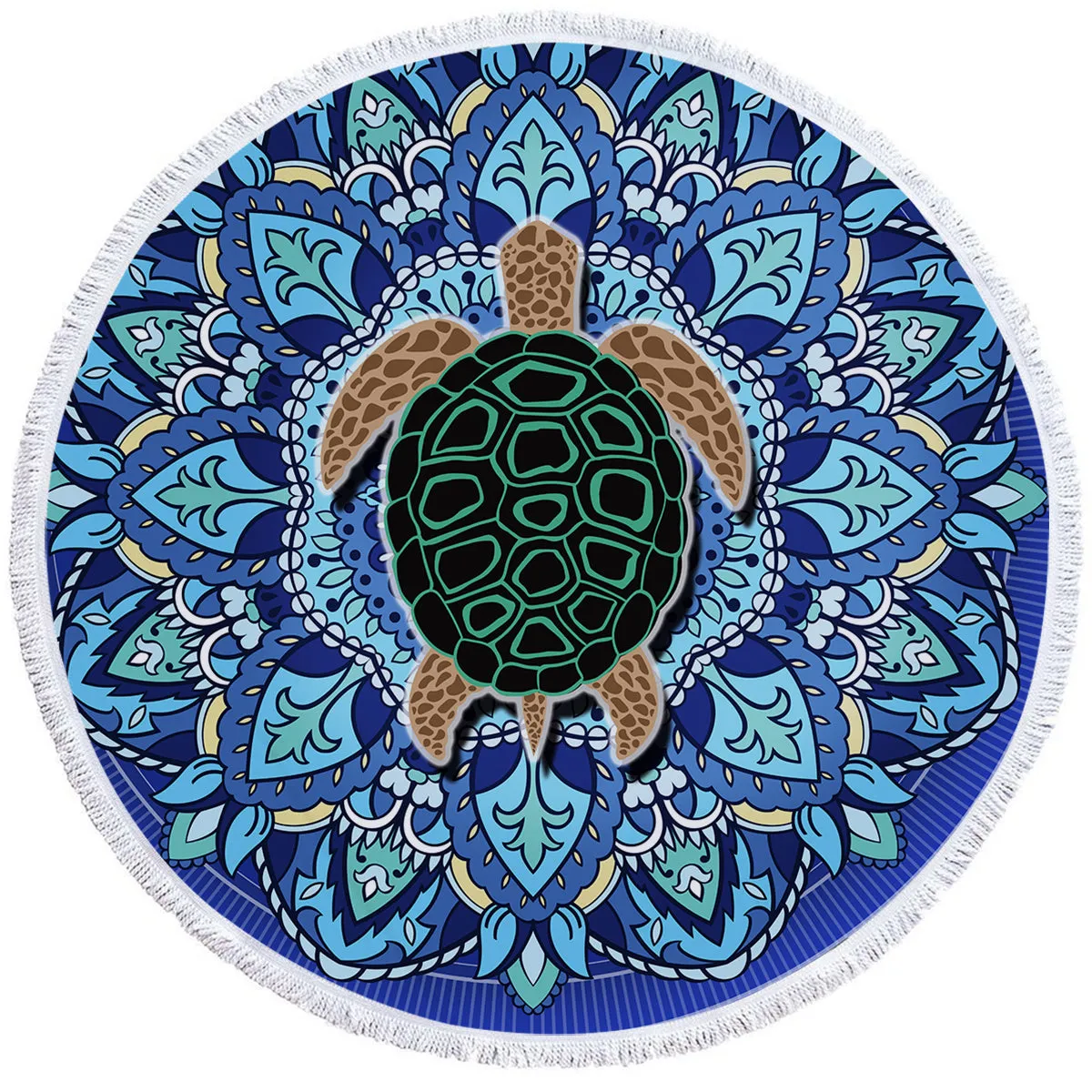 Blue Mandala Turtle Round Beach Towel