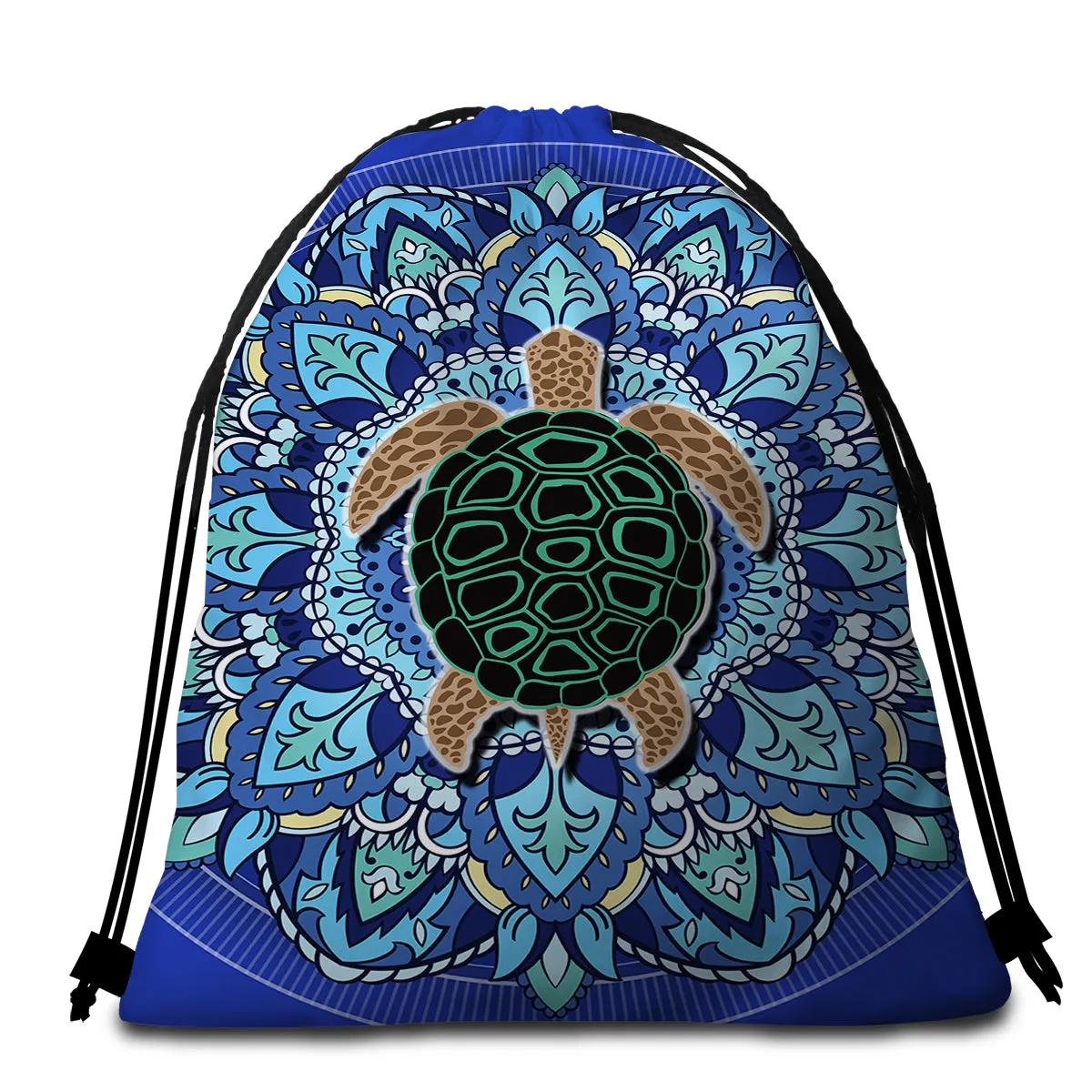 Blue Mandala Turtle Round Beach Towel