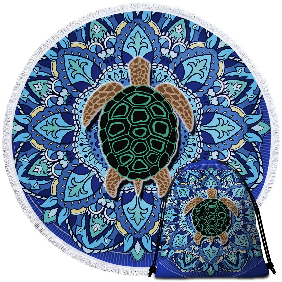 Blue Mandala Turtle Round Beach Towel