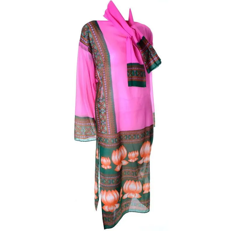 Bob Bugnand Boutique Vintage Pink Water Lily Caftan Tunic With Scarf