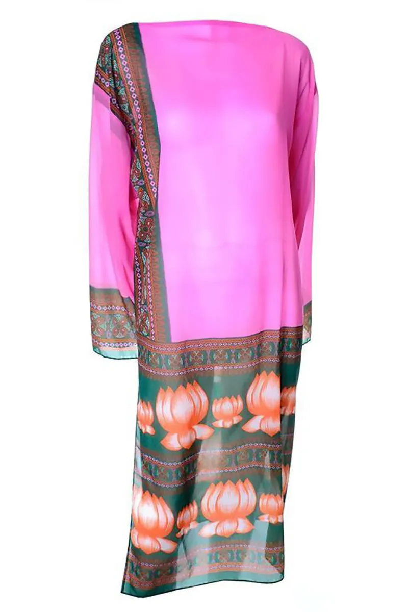 Bob Bugnand Boutique Vintage Pink Water Lily Caftan Tunic With Scarf