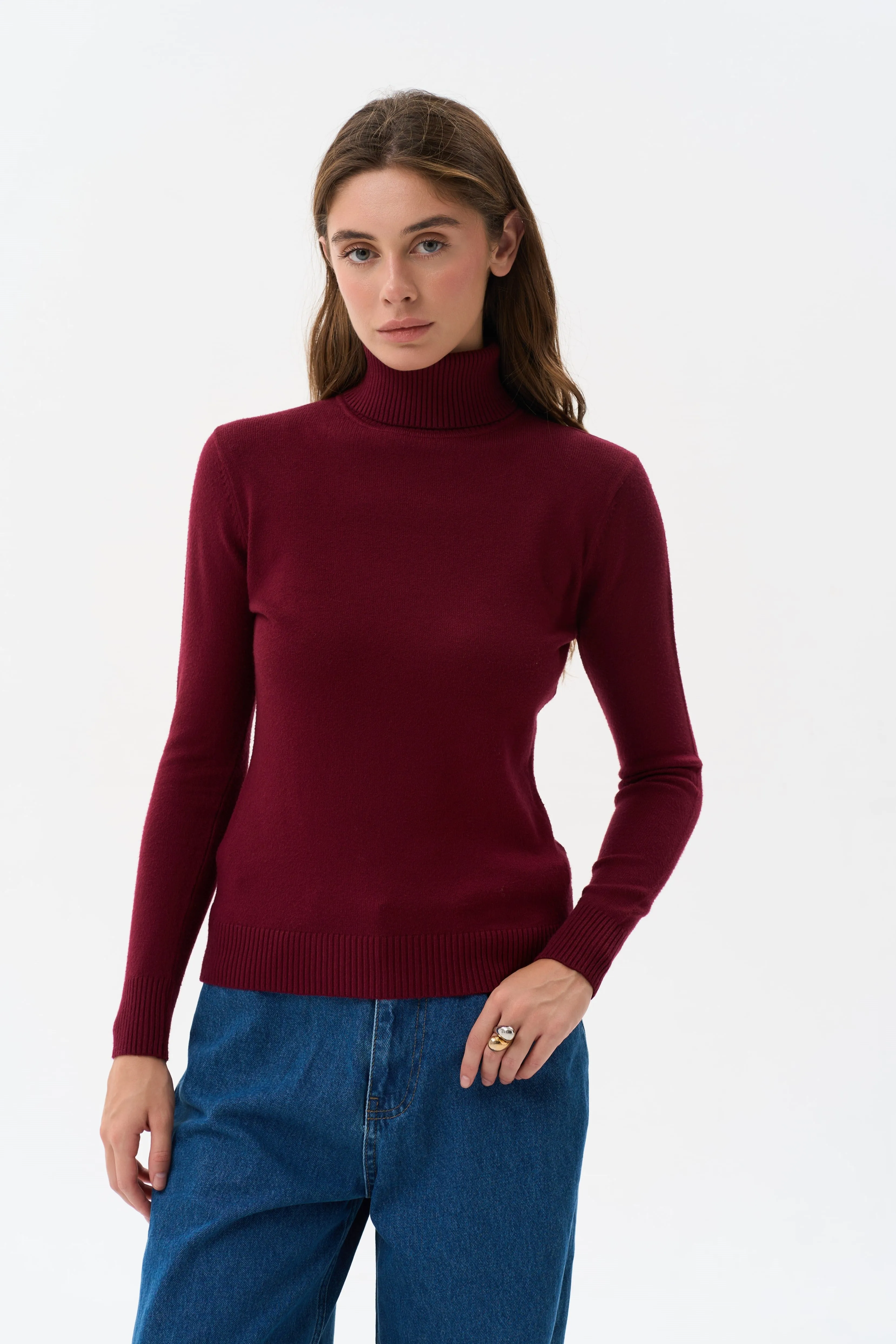 Burgundy Basic Knit Turtleneck Sweater