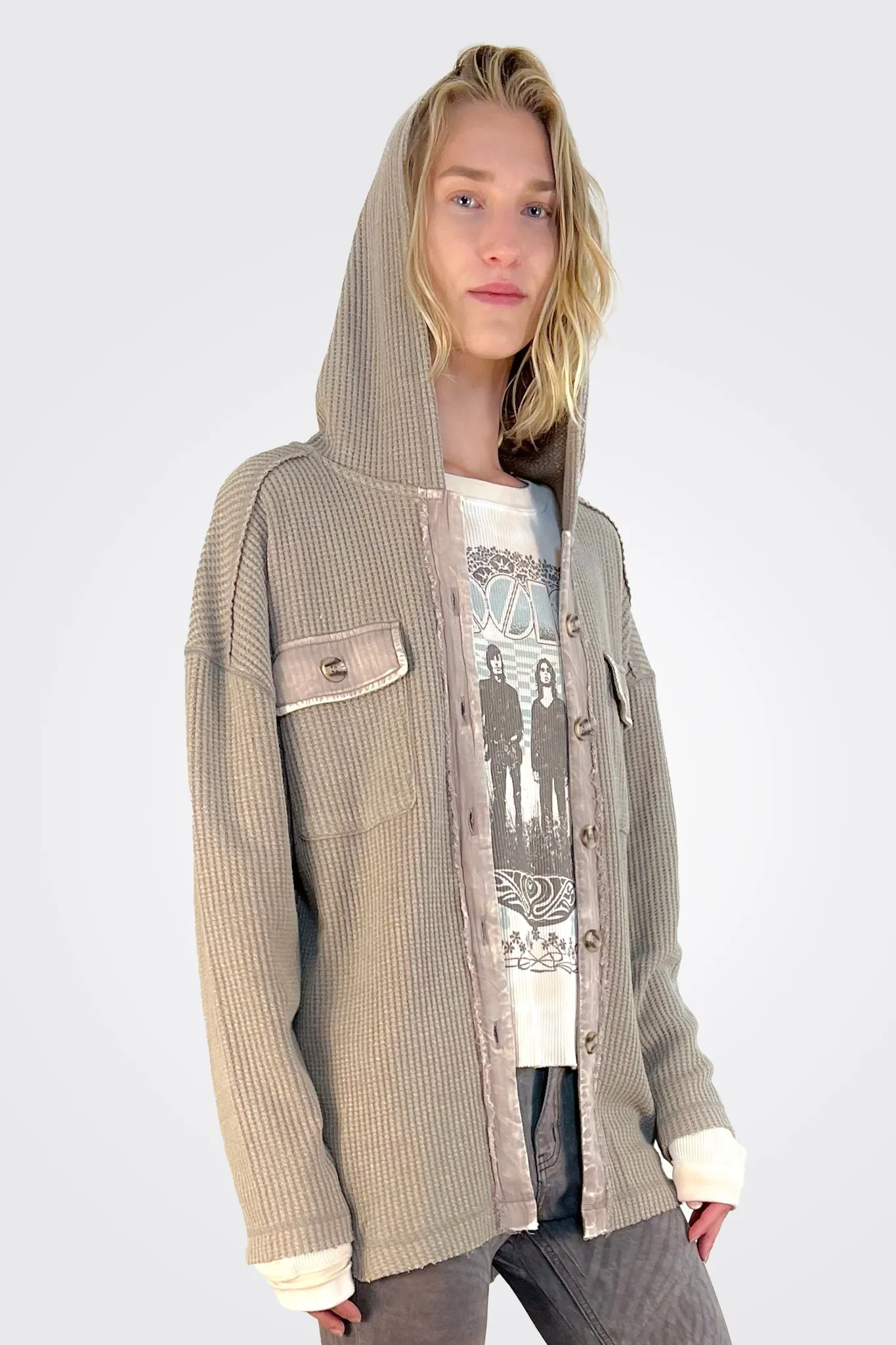 Button Up Thermal Hoodie - Grey