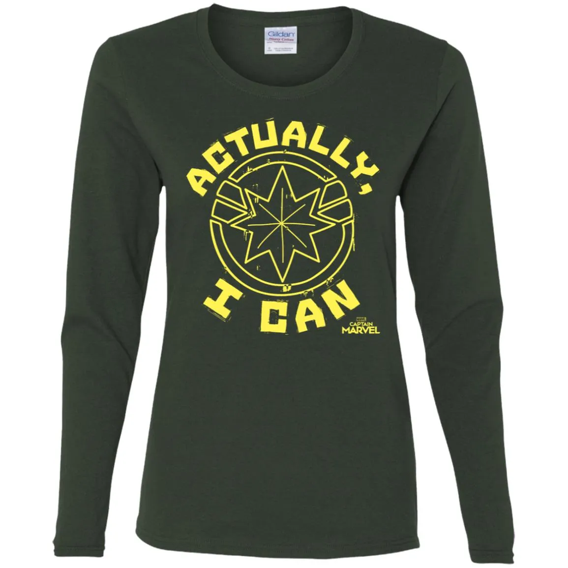 Captain Marvel Actually I Can Yellow Logo Women Long Sleeve Shirt