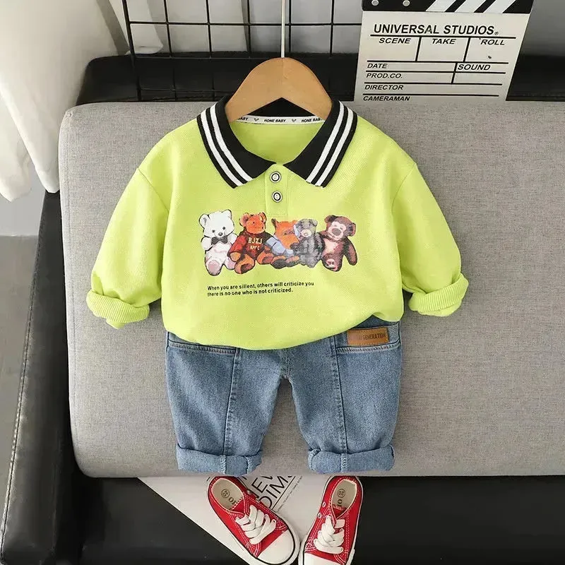 Cartoon Printed Children's Hoodie Shirt And Pants Set Two piece for boys