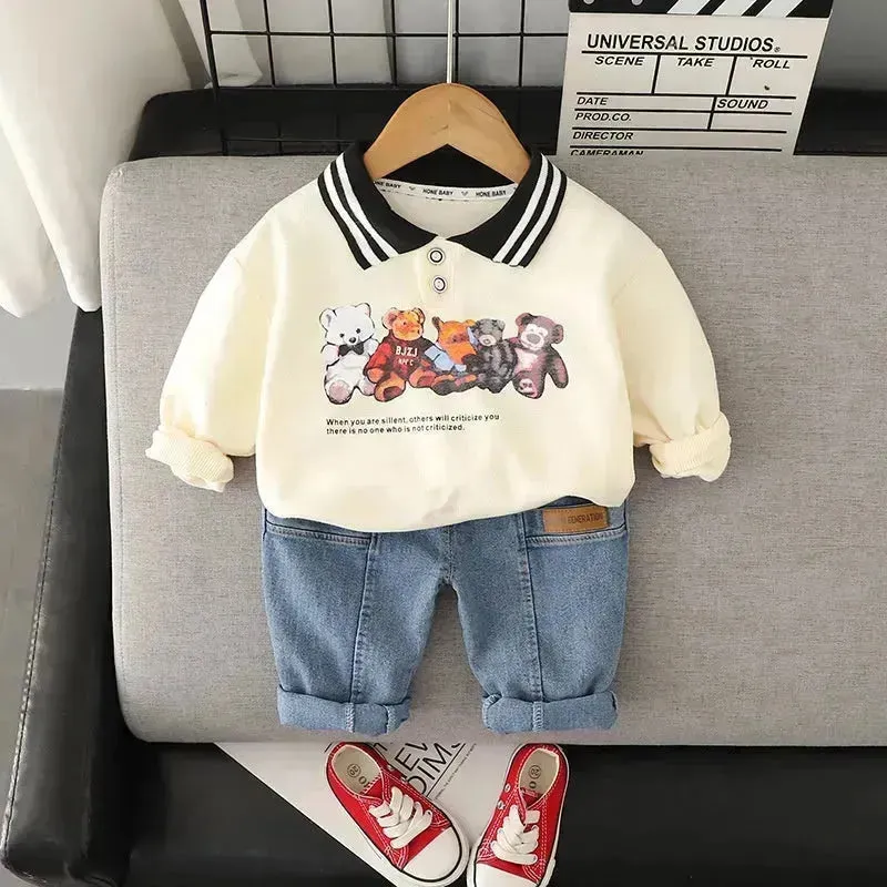 Cartoon Printed Children's Hoodie Shirt And Pants Set Two piece for boys