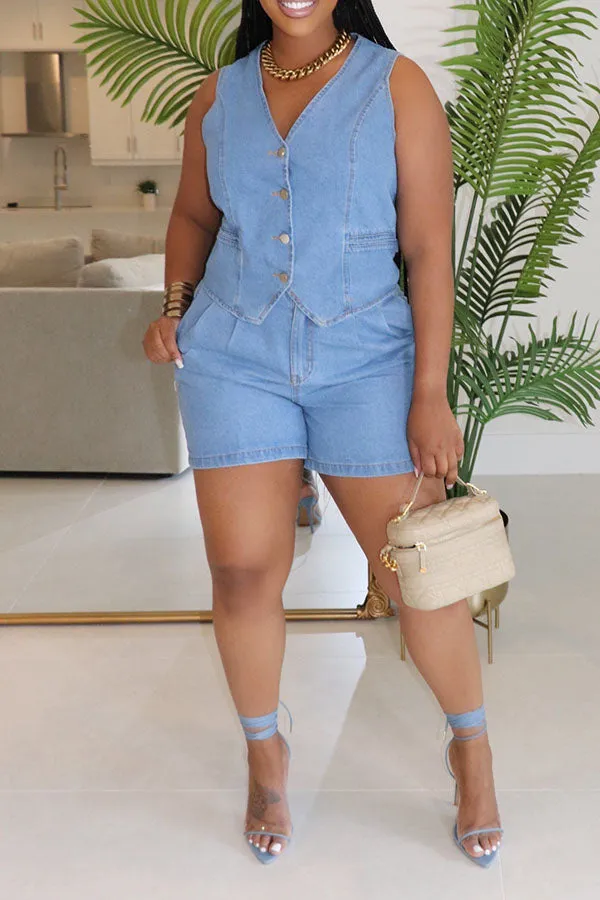 Casual Denim Button Up Vest & Shorts Set