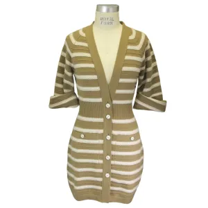 Chanel Tan / Ivory Striped Button-down Cashmere Knit Sweater Dress