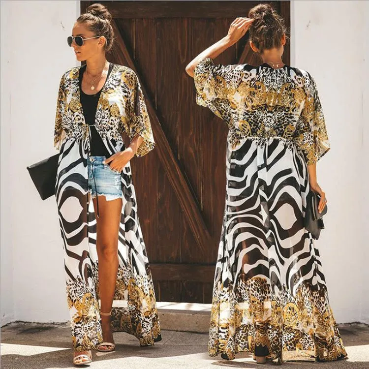 Chiffon Print Leopard Print Beach Sunscreen Holiday Cardigan Long Skirt Bikini Hoodie