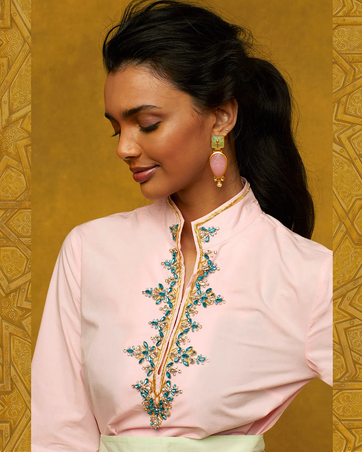 Circe Tunic in Blush Pink with Crystals and Gold Embroidery