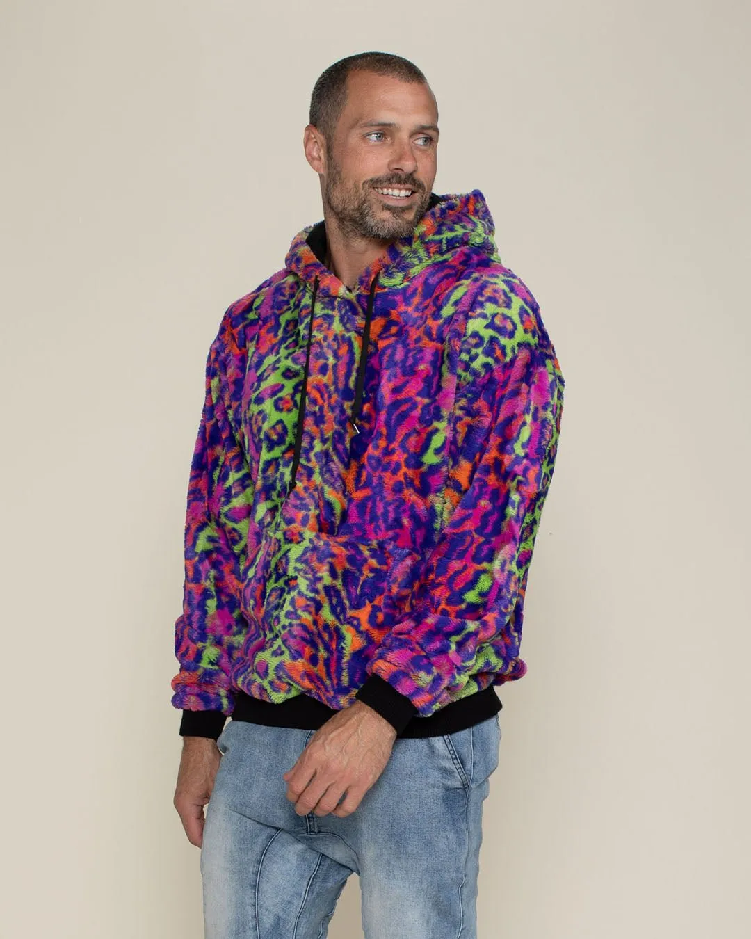 Classic Men's Fur Hoodie | Neon Disco Cat