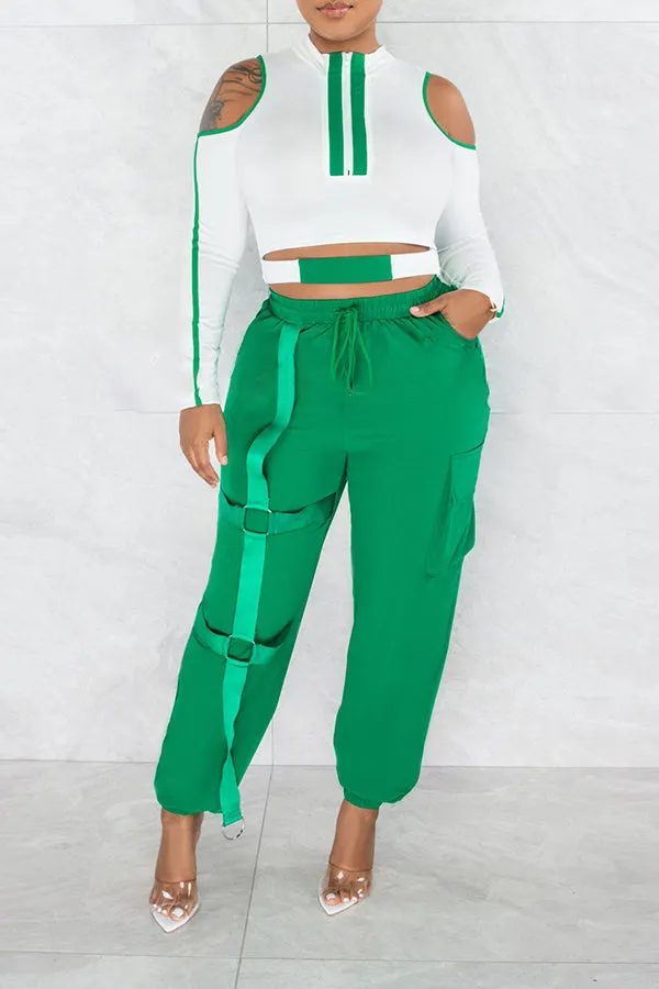 Cold Shoulder Top & Jogger Cargo Pants Set