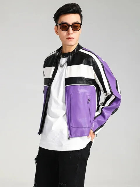 Color Block Pu Leather Racer Jacket