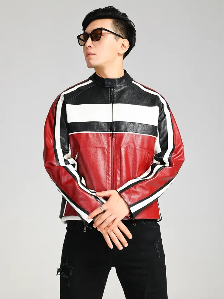 Color Block Pu Leather Racer Jacket