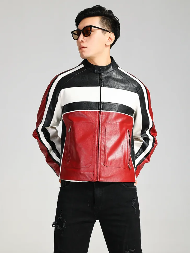 Color Block Pu Leather Racer Jacket