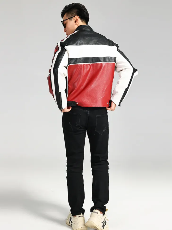 Color Block Pu Leather Racer Jacket